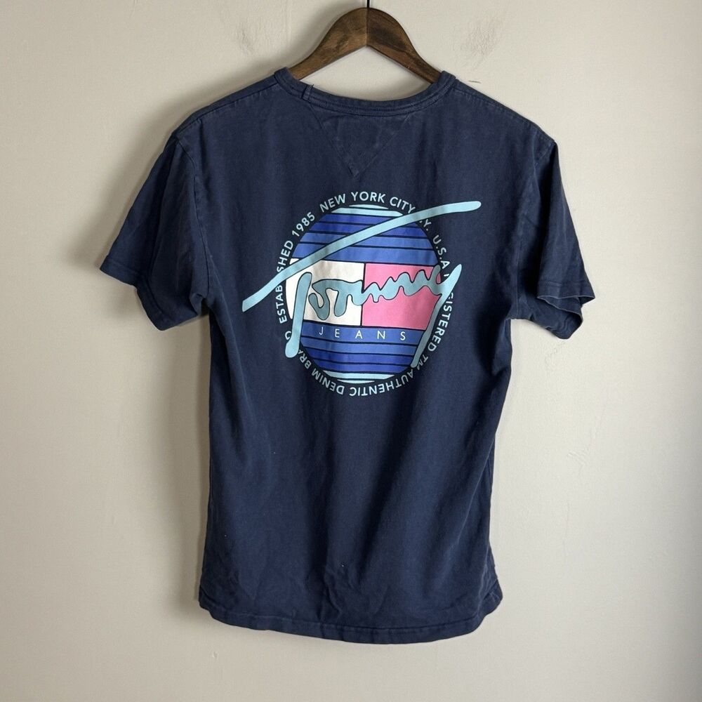 TOMMY JEANS Mens Blue Graphic Retro Style Short Sleeve T Shirt Size M Y2K